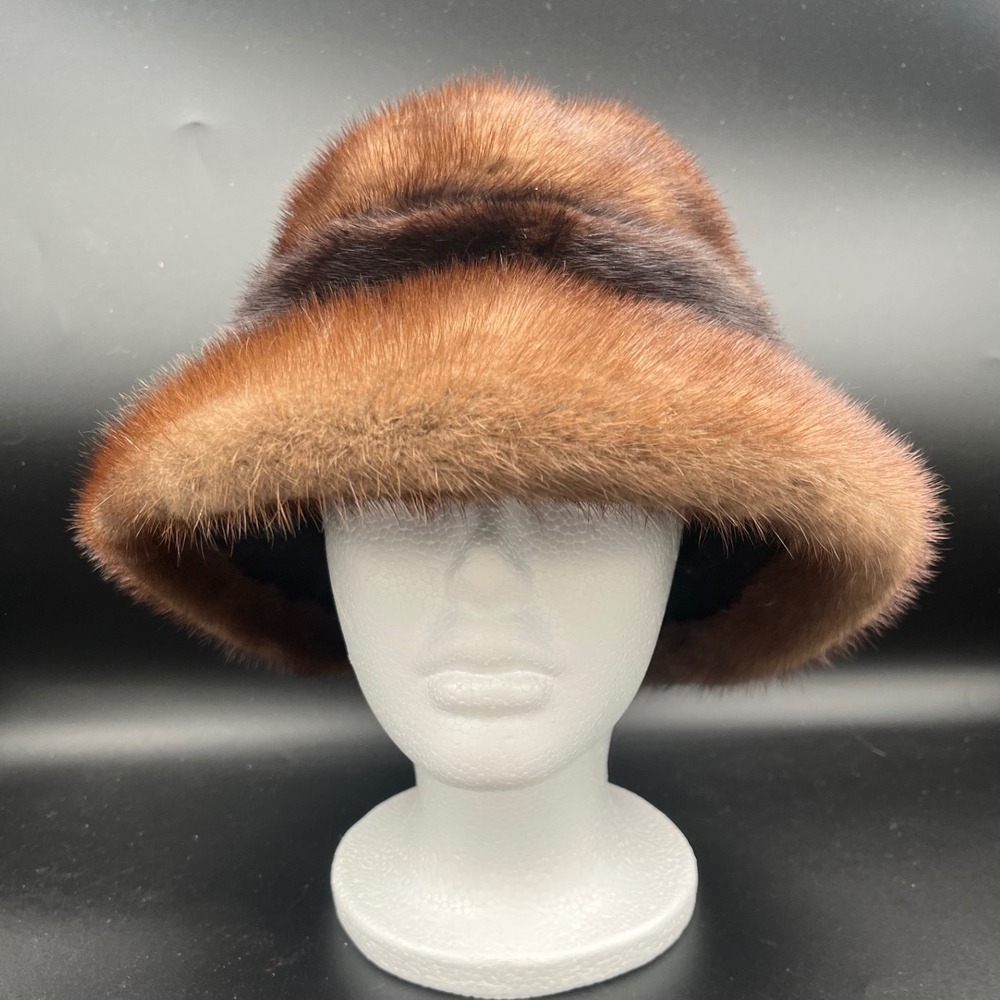 Jack Savidusky's Furquarters Vintage Mink Fur Hat‎ Brown Striped Cloche Bucket